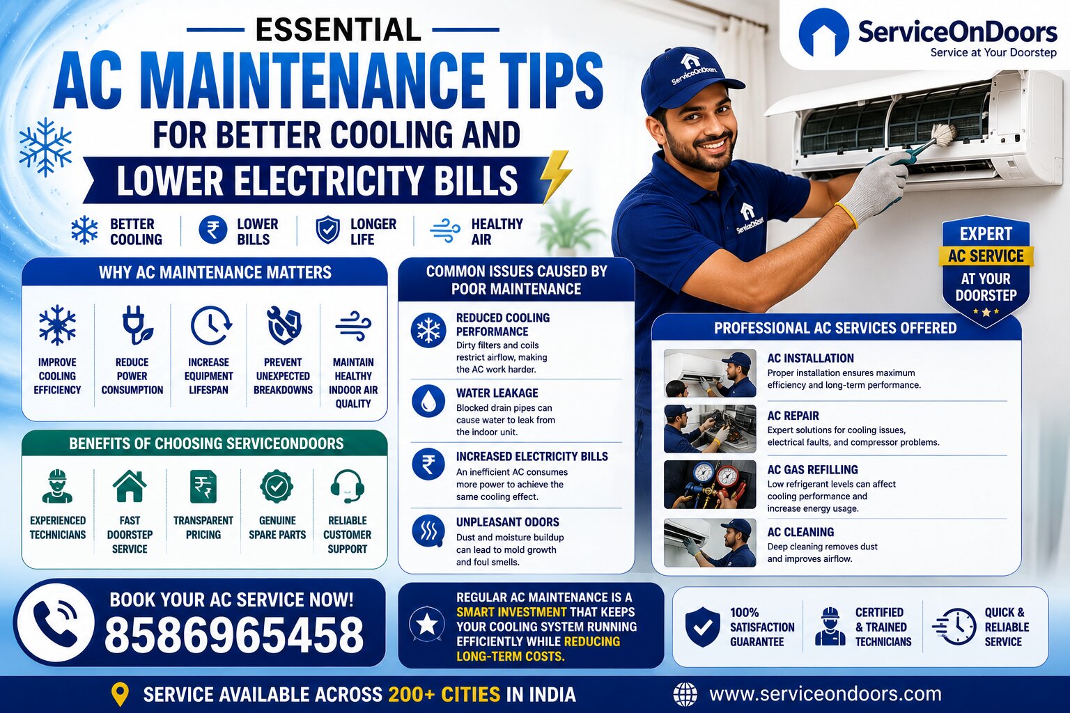 Essential AC Maintenance Tips for Better Cooling & Lower Electricity Bills | ServiceOnDoors | 8586965458